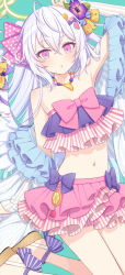 Rule 34 | 1girl, azusa (blue archive), azusa (swimsuit) (blue archive), bikini, blue archive, blush, bow, flat chest, flower, frilled bikini, frills, grey hair, hair between eyes, hair bow, hair flower, hair ornament, highres, jewelry, long hair, looking at viewer, necklace, official alternate costume, parted lips, pink bikini, pink bow, pink eyes, purple bikini, purple flower, revision, sandals, solo, swimsuit, tobade (tbdfactory)