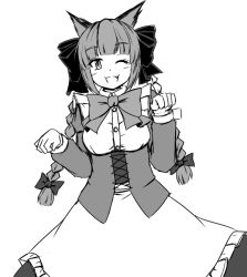 Rule 34 | 1girl, ;d, animal ears, bow, braid, breasts, cat ears, dirndl, dress, fang, ganmaganmo, german clothes, greyscale, hair bow, kaenbyou rin, looking at viewer, monochrome, one eye closed, open mouth, paw pose, slit pupils, smile, solo, touhou, twin braids, underbust