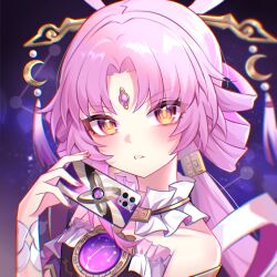 Rule 34 | 1girl, bare shoulders, blush, bow-shaped hair, cellphone, dress, fingernails, forehead jewel, fu xuan (honkai: star rail), hair ornament, hair stick, highres, holding, holding phone, honkai: star rail, honkai (series), jewelry, long hair, looking at viewer, low twintails, parted bangs, parted lips, phone, pink hair, pink nails, pink tassel, smartphone, solo, tassel, tassel hair ornament, twintails, upper body, very long hair, xiao xiao chuan, yellow eyes