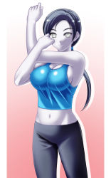 Rule 34 | 1girl, bare shoulders, breasts, capri pants, cleavage, colored skin, covered erect nipples, cowboy shot, gradient background, grey eyes, grey hair, hakkai, highres, large breasts, long hair, midriff, navel, nintendo, outline, pants, pink background, ponytail, smile, solo, stretching, tank top, white skin, wii fit, wii fit trainer, wii fit trainer (female)