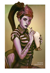 Rule 34 | 1girl, andrew tran, artist name, bandana, black hair, black nails, body writing, casual, chair, colored skin, cup, drinking glass, drinking straw, earrings, high ponytail, highres, holding, holding cup, holding drinking glass, image sample, jewelry, lips, long hair, looking at viewer, makeup, mouth hold, nail, nail polish, on chair, overwatch, overwatch 1, pants, ponytail, purple hair, purple lips, purple skin, shirt, sitting, solo, striped clothes, striped shirt, stud earrings, tattoo, upper body, watermark, web address, widowmaker (overwatch), yellow eyes