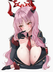 Rule 34 | 1girl, absurdres, ash (cat7evy), black horns, blue archive, blush, breasts, cleavage, commentary, duplicate, fang, gloves, grey background, halo, highres, horns, large breasts, long hair, looking to the side, mole, mole on breast, multicolored horns, necktie, pink hair, pixel-perfect duplicate, red gloves, red halo, red horns, red necktie, satsuki (blue archive), solo, sweat, twitter username, yellow eyes