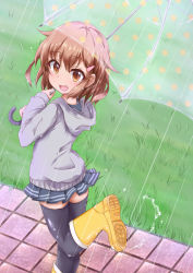 Rule 34 | 10s, 1girl, black thighhighs, blush, boots, brown eyes, brown hair, chigusa, commentary request, fang, from above, grass, hair ornament, hairclip, hood, hoodie, ikazuchi (kancolle), kantai collection, looking at viewer, looking up, open mouth, outdoors, rain, rubber boots, short hair, skirt, solo, thighhighs, transparent, transparent umbrella, umbrella, yellow footwear, zettai ryouiki
