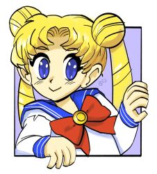 Rule 34 | 1girl, artist logo, bishoujo senshi sailor moon, blonde hair, blue background, blue eyes, blue sailor collar, border, bow, bowtie, commentary, dated, double bun, english commentary, fauxsquared, hair bun, highres, juuban middle school uniform, long hair, looking at viewer, outside border, red bow, red bowtie, sailor collar, school uniform, serafuku, shirt, simple background, smile, solo, tsukino usagi, twintails, upper body, white background, white border, white shirt