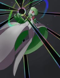 Rule 34 | 1girl, absurdres, aura, bob cut, closed mouth, colored skin, creatures (company), female focus, feyntan, flat chest, floating, from below, full body, game freak, gardevoir, gen 3 pokemon, green hair, green skin, grey background, hair over one eye, hand on own hip, hand up, happy, highres, legs, light rays, looking at viewer, multicolored skin, nintendo, one eye covered, pokemon, pokemon (creature), rainbow gradient, red eyes, short hair, sideways mouth, sketch, smile, solo, sparkle, two-tone skin, white skin