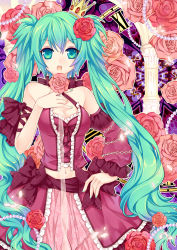 Rule 34 | 1girl, :o, aqua eyes, aqua hair, breasts, chain, cleavage, corset, crown, flower, frills, hair flower, hair ornament, hand on own hip, hatsune miku, ling tian nailad, long hair, midriff, nailad, navel, open mouth, project diva, project diva (series), project diva 2nd, romeo to cinderella (vocaloid), rose, solo, twintails, very long hair, vocaloid