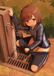 Rule 34 | 1girl, arisu kazumi, blush, brown eyes, brown hair, clothes pull, jacket, looking to the side, original, peeing, pussy, shoes, short hair, shorts, shorts pull, solo, squatting, sweat, track jacket, uncensored
