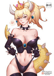 Rule 34 | 1girl, absurdres, anger vein, armlet, artist name, black gloves, black panties, black thighhighs, blonde hair, blue eyes, bowsette, bracelet, breasts, cleavage, collar, collarbone, cowboy shot, crop top, crown, derivative work, dress, earrings, elbow gloves, fang, fang out, frontal wedgie, gloves, highres, horns, jewelry, large breasts, looking at viewer, midriff, navel, nintendo, no pants, panties, panty pull, patreon logo, pink lips, pointy ears, ponytail, simple background, solo, speech bubble, spiked armlet, spiked bracelet, spiked collar, spiked tail, spikes, spoken anger vein, strapless, strapless dress, super crown, tail, thighhighs, underwear, wedgie, white background, xili fish