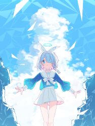 Rule 34 | 1girl, arona (blue archive), blue archive, blue eyes, blue hair, blue shirt, blue sky, bow, braid, broken wall, choker, closed mouth, day, denken, feet out of frame, hair over one eye, hair ribbon, halo, highres, long sleeves, looking at viewer, miniskirt, multicolored hair, outdoors, pink hair, ribbon, sailor collar, school uniform, serafuku, shirt, short hair, side braid, skirt, sky, smile, solo, standing, two-tone hair, white bow, white choker, white ribbon, white sailor collar, white skirt