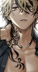 Rule 34 | 1boy, absurdres, earrings, hair between eyes, hand on own neck, hanemiya kazutora, highres, jewelry, looking at viewer, mole, mole under eye, multicolored hair, nang z1, neck tattoo, open clothes, open shirt, single earring, solo, tattoo, tokyo revengers