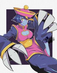 Rule 34 | 1girl, absurdres, blue hair, blue skin, blush stickers, breasts, chinese clothes, claws, cleavage, cleavage cutout, closed mouth, clothing cutout, colored skin, gato gaiden, hat, highres, jiangshi, large breasts, lei lei, looking at viewer, ofuda, pink footwear, qingdai guanmao, short hair, smile, solo, vampire (game), yellow eyes