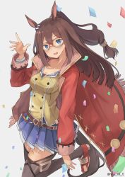 Rule 34 | 1girl, :d, animal ears, bad id, bad pixiv id, black thighhighs, blue eyes, blue skirt, blush, breasts, brown hair, coat, collarbone, commentary request, confetti, el condor pasa (umamusume), head tilt, highres, horse ears, horse girl, long hair, looking at viewer, mask, medium breasts, open clothes, open coat, open mouth, pleated skirt, ponytail, red coat, skirt, smile, solo, thighhighs, twitter username, umamusume, waving, yu ni t