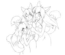 Rule 34 | 3girls, animal ears, artist request, ass, breasts, cat ears, character request, cleavage, collarbone, copyright request, dress, fang, fox ears, fox girl, fox tail, long hair, looking at viewer, medium breasts, monochrome, multiple girls, one eye closed, open mouth, sleeveless, sleeveless dress, small breasts, smile, tail, wink