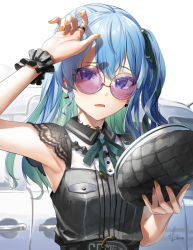 Rule 34 | 1girl, arm up, beret, black shirt, blue hair, blush, bow, bowtie, car, collared shirt, colored inner hair, commentary request, earrings, green bow, green bowtie, green hair, green ribbon, hair ribbon, hand up, hat, unworn hat, unworn headwear, highres, holding, holding clothes, holding hat, hololive, hoshimachi suisei, hoshimachi suisei (streetwear), jewelry, kito koruta, long hair, looking at viewer, motor vehicle, multicolored hair, nail polish, one side up, parted lips, purple eyes, ribbon, ring, shading eyes, shirt, signature, single wrist cuff, solo, star (symbol), star in eye, sunglasses, symbol in eye, tinted eyewear, upper body, virtual youtuber, wrist cuffs, yellow nails
