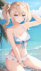Rule 34 | 1girl, alternate costume, barbara (genshin impact), bare arms, bare shoulders, beach, bikini, blonde hair, blue bikini, blue eyes, blush, breasts, closed mouth, commentary request, flower, genshin impact, hair flower, hair ornament, highres, medium breasts, nasii, navel, ocean, smile, solo, stomach, swimsuit, twintails