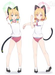 Rule 34 | 1boy, 3girls, animal ear headphones, animal ears, arms up, blue archive, buruma, cat ear headphones, cat ears, cat tail, collared shirt, commentary request, fake animal ears, fake tail, full body, green eyes, gym shirt, gym uniform, hair ribbon, halo, headphones, highres, hoshino ouka, long hair, long sleeves, looking at viewer, midori (blue archive), momoi (blue archive), multiple girls, necktie, official alternate costume, open mouth, parted bangs, red eyes, ribbon, school uniform, sensei (blue archive), shirt, shoes, short hair, short sleeves, siblings, sidelocks, simple background, sisters, standing, stretching, tail, tress ribbon, twins, two side up, white background, yuuka (blue archive)