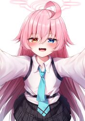 Rule 34 | 1girl, ahoge, aqua necktie, black skirt, blue archive, blue eyes, blush, collared shirt, commentary request, fang, hair between eyes, halo, heterochromia, highres, hoshino (blue archive), long hair, long sleeves, looking at viewer, necktie, open mouth, pink hair, pink halo, plaid, plaid skirt, revision, shirt, shishou (doragyurosu), simple background, skirt, smile, solo, white background, white shirt, yellow eyes