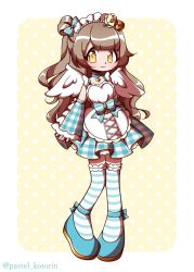 Rule 34 | 1girl, angel wings, ankle ribbon, apron, aqua bow, aqua detached collar, aqua footwear, aqua legwear, aqua ribbon, aqua skirt, artist name, artist request, bare shoulders, bird earrings, blush, bow, bow earrings, bow legwear, breasts, brown eyes, brown hair, checkered bow, checkered clothes, checkered dress, checkered skirt, collarbone, cross-laced clothes, cross-laced dress, curly hair, detached collar, detached sleeves, diamond (gemstone), dress, earrings, elbow sleeves, female focus, flower, frilled apron, frilled dress, frilled shirt collar, frilled skirt, frilled sleeves, frills, full body, grey hair, hair bow, hair flower, hair ornament, hair rings, hairband, hairclip, heart, heart earrings, heart necklace, high heels, highres, humming angel (love live!), jewelry, lace, lace-trimmed legwear, lace trim, leg ribbon, light brown hair, lolita hairband, long hair, looking at viewer, love live!, love live! school idol festival, love live! school idol festival all stars, love live! school idol project, maid, maid apron, maid headdress, minami kotori, miniskirt, necklace, orange flower, parted lips, plaid, plaid dress, plaid skirt, pleated, pleated dress, pleated skirt, polka dot, polka dot background, ponytail, ribbon, ribbon legwear, side ponytail, skirt, small breasts, smile, solo, standing, star (symbol), star print, striped legwear, white apron, white background, white dress, white hairband, white legwear, white skirt, white wings, wings, x hair ornament, yellow eyes, yellow flower