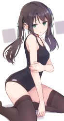 Rule 34 | 1girl, absurdres, bare arms, bare shoulders, black one-piece swimsuit, blurry, blurry background, breasts, brown hair, brown thighhighs, collarbone, green eyes, green ribbon, hair ribbon, hand on own arm, highres, kneeling, looking at viewer, one-piece swimsuit, original, parted lips, ribbon, school swimsuit, sidelocks, small breasts, solo, swimsuit, thighhighs, twintails, yopan danshaku