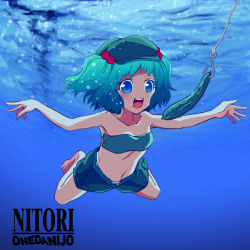 Rule 34 | 1girl, air bubble, album cover, album cover redraw, bandeau, barefoot, blue eyes, blue hair, bubble, blowing bubbles, character name, cover, cucumber, derivative work, emu (artist), emu (toran), female focus, flat chest, green hair, hair bobbles, hair ornament, hat, kawashiro nitori, matching hair/eyes, midriff, navel, nevermind, nirvana (band), parody, short hair, shorts, solo, strapless, swimming, swimsuit, touhou, tube top, twintails, two side up, underwater