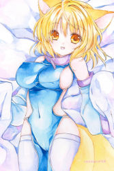 Rule 34 | 1girl, animal ears, artist name, blonde hair, breasts, covered navel, detached sleeves, fang, fox ears, fox tail, large breasts, long sleeves, looking at viewer, maromaro0908, multiple tails, no headwear, no headwear, open mouth, orange eyes, painting (medium), short hair, sideboob, smile, solo, tabard, tail, thighhighs, touhou, traditional media, watercolor (medium), white thighhighs, wide sleeves, yakumo ran