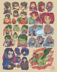 Rule 34 | 2girls, 3boys, backwards hat, beast boy (dc), bird, black hair, cape, chicken, colored skin, crossed arms, cyborg, cyborg (dc), dark-skinned male, dark skin, dc comics, dick grayson, dog, domino mask, dragon, forehead jewel, gloves, glowing fist, glowing hands, green eyes, green skin, grey gloves, grey skin, hat, hood, hoodie, long hair, mask, multiple boys, multiple girls, orange skin, pointy ears, purple hair, raven (dc), red hair, robin (bird), robin (dc), ry-spirit, short hair, smile, spiked hair, starfire, superhero costume, tamaranean, teen titans, teen titans (tv series)