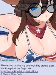 1girl 4chan american_flag american_flag_bikini american_flag_print bent_over bikini blue_eyes breasts brown_hair english_text flag_print glasses hat highres kasizil large_breasts long_hair looking_at_viewer lying on_stomach one_eye_closed original print_bikini round_eyewear swimsuit wide_brim