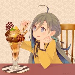 Rule 34 | 1girl, ahoge, alternate costume, blue hair, chair, chestnut, colis, commentary request, dessert, dress, food, glass, grey eyes, grey hair, hair between eyes, holding, holding spoon, ice cream, kantai collection, kiyoshimo (kancolle), long hair, low twintails, mont blanc (food), multicolored hair, parfait, solo, spoon, tongue, tongue out, twintails, twitter username, upper body, very long hair, wafer stick, yellow dress
