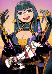 Rule 34 | 2girls, :d, belt, black hair, blue cape, blue eyes, blue hair, breasts, buttons, capcom, cape, character request, cleavage, cleavage cutout, clothing cutout, coat, double-breasted, fangs, glasses, gloves, grey gloves, gypceros (armor), hair tubes, hands up, highres, holding, idkuroi, large breasts, leg belt, long hair, looking at viewer, monster hunter (series), multiple girls, no feet, open mouth, pince-nez, purple eyes, red belt, small breasts, smile, thighhighs, upside-down, vial, white coat, white legwear