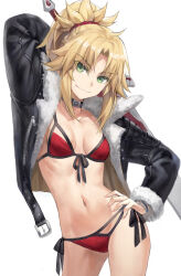 Rule 34 | 1girl, abs, bikini, black jacket, blonde hair, braid, breasts, clarent (fate), collar, collarbone, commentary, fate/apocrypha, fate/grand order, fate (series), french braid, green eyes, highres, jacket, long hair, long sleeves, looking at viewer, mordred (fate), mordred (fate/apocrypha), navel, open clothes, open jacket, parted bangs, ponytail, red bikini, sidelocks, small breasts, smile, solo, swimsuit, sword, thighs, tonee, weapon
