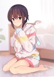Rule 34 | 1girl, animal hood, barefoot, bed, bedroom, blurry, blurry background, blush, bob cut, brown eyes, brown hair, closed mouth, commentary, depth of field, hair between eyes, hair strand, hands on own chest, highres, hitoiki, hood, hood down, hooded sweater, hoodie, indoors, light blush, light smile, long sleeves, looking at viewer, loungewear, multicolored clothes, nervous, on floor, original, own hands together, pink shorts, plant, rabbit hood, raised eyebrows, rug, short hair, short hair with long locks, short shorts, shorts, sidelocks, sitting, sleeves past wrists, solo, striped clothes, striped hoodie, striped shorts, stuffed animal, stuffed penguin, stuffed toy, sweater, tomboy, w arms, wariza, white hoodie, white shorts, wooden floor