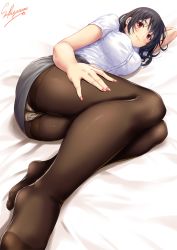 Rule 34 | 1girl, alternate costume, arm behind head, artist name, ass, black hair, blouse, blush, breasts, crotch seam, feet, fingernails, foreshortening, from below, grey skirt, hand on own thigh, hand on thigh, kantai collection, large breasts, looking at viewer, messy hair, nail polish, no shoes, office lady, panties, panties under pantyhose, pantyhose, pencil skirt, pink nails, red eyes, sakiyamama, shirt, short hair, short sleeves, signature, simple background, skirt, smile, solo, takao (kancolle), thighband pantyhose, underwear, white background, white panties, white shirt