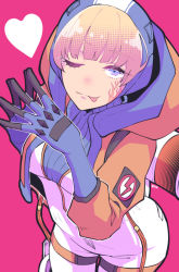 Rule 34 | 1girl, animification, apex legends, backpack, bag, blonde hair, blue bodysuit, blue eyes, blue gloves, bodysuit, bungaw, facial scar, from above, gloves, heart, hood, hooded bodysuit, hooded jacket, jacket, leaning forward, one eye closed, orange jacket, own hands together, pink eyes, scar, scar on cheek, scar on face, solo, tongue, tongue out, wattson (apex legends), white bodysuit