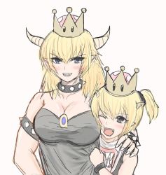Rule 34 | 2girls, blonde hair, bowser jr., bowsette, bowsette jr., breasts, cleavage, crown, dress, fang, horns, large breasts, mario (series), mother and daughter, multiple girls, nintendo, super crown, teeth