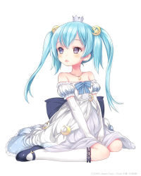 Rule 34 | 1girl, babylon (game), bad id, bad pixiv id, bare shoulders, blue hair, blush, capriccio, crescent, crescent hair ornament, crown, dress, elbow gloves, full body, gloves, hair ornament, hibanar, jewelry, long hair, mary janes, necklace, original, purple eyes, shoes, simple background, sitting, solo, star (symbol), star hair ornament, twintails, wariza, watermark, white background, white gloves, white legwear