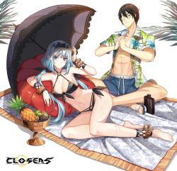 Rule 34 | 1boy, 1girl, abs, anklet, aqua hair, armpits, bangle, bare shoulders, barefoot, basket, beach mat, bikini, black bikini, black hair, blue eyes, blue shorts, bottle, bracelet, breasts, cleavage, closers, collarbone, criss-cross halter, eyewear on head, food, front-tie bikini top, front-tie top, fruit, glasses, grapes, hair ribbon, hairband, halterneck, halterneck, highres, hyde (closers), jewelry, large breasts, long hair, looking at viewer, low twintails, navel, official art, open clothes, open shirt, pillow, pineapple, ribbon, short hair, shorts, side-tie bikini bottom, smile, stomach, sunglasses, sunglasses on head, swimsuit, thighs, twintails, umbrella, violet (closers), wet