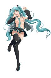 Rule 34 | 1girl, bad id, bad pixiv id, biting, biting own thumb, blue hair, blush, breasts, detached sleeves, full body, hair over one eye, hatsune miku, long hair, looking at viewer, lying, mx2j, nail polish, necktie, no bra, no panties, open clothes, open shirt, pussy, shirt, simple background, skirt, small breasts, solo, thighhighs, biting own thumb, tongue, topless, twintails, uncensored, very long hair, vest, vocaloid, white background