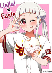Rule 34 | 1girl, ;p, absurdres, arashi chisato, baozi, baseball jersey, blunt bangs, blush, border, collarbone, commentary request, double bun, food, group name, hair bun, highres, holding, holding food, jersey, looking at viewer, love live!, love live! superstar!!, medium hair, nippon professional baseball, ok sign, one eye closed, outside border, pakudehon, pink background, red eyes, shirt, short sleeves, single sidelock, solo, sparkle, standing, tongue, tongue out, touhoku rakuten golden eagles, twintails, upper body, white border, white hair, white shirt