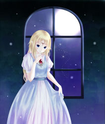 Rule 34 | 1girl, blonde hair, blue dress, blue eyes, dress, elf, highres, holding, holding clothes, holding dress, long hair, looking at viewer, moon, night, night sky, nintendo, pointy ears, princess zelda, sky, solo, standing, star (sky), the legend of zelda, the legend of zelda: a link to the past, window