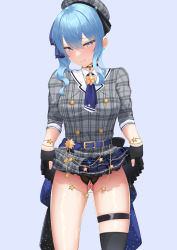 Rule 34 | 1girl, :q, absurdres, ascot, belt, beret, blue background, blue eyes, blue hair, choker, clothes lift, crotchless, crotchless panties, dress, dress lift, earrings, gloves, hat, highres, hololive, hoshimachi suisei, hoshimachi suisei (1st costume), jewelry, licking lips, lifting own clothes, lingerie, medium hair, panties, partially fingerless gloves, pearl thong, side ponytail, simple background, single thighhigh, skirt, skirt lift, solo, thigh strap, thighhighs, tobiiiiiii, tongue, tongue out, underwear, virtual youtuber