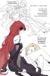 Rule 34 | 2girls, black dress, black flower, blonde hair, blue eyes, blush, cabernet (path to nowhere), commentary request, dress, flower, hair flower, hair ornament, hand on another&#039;s thigh, highres, imminent cunnilingus, jacket, korean commentary, korean text, long hair, long sleeves, lying, mcgrath (path to nowhere), multiple girls, off-shoulder dress, off shoulder, on back, parted lips, path to nowhere, red hair, short hair, speech bubble, translation request, trshtong, white jacket, yuri