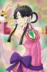 Rule 34 | 1girl, black hair, bow, facial mark, green eyes, ace attorney, phoenix wright: ace attorney - spirit of justice, hair rings, jewelry, kiteh4ck, magatama, necklace, pink shirt, purple bow, rayfa padma khura&#039;in, shirt, tiara