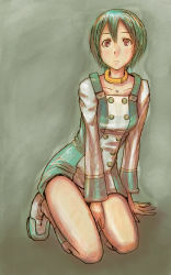 Rule 34 | 00s, 1girl, boots, buttons, collarbone, dress, eureka (eureka seven), eureka seven, eureka seven (series), full body, green background, green hair, hair between eyes, jewelry, kneeling, long sleeves, looking at viewer, neck ring, pomo rosso, red eyes, short hair, simple background, solo