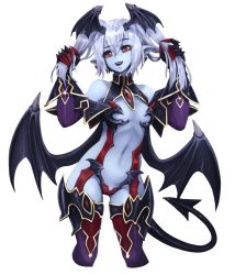 Rule 34 | 1girl, :d, barbariank, bare shoulders, black sclera, blue skin, breasts, bunching hair, colored sclera, colored skin, commentary, cosplay, cowboy shot, cropped legs, demon (monster girl encyclopedia), demon (monster girl encyclopedia) (cosplay), demon girl, demon tail, demon wings, devil (monster girl encyclopedia), earrings, elbow gloves, fangs, gloves, grey hair, hair between eyes, head wings, heart, heart earrings, jewelry, long hair, looking at viewer, monster girl, monster girl encyclopedia, monster girl encyclopedia ii, navel, open mouth, pointy ears, red eyes, revision, slit pupils, small breasts, smile, solo, stomach, tail, thighhighs, transparent background, twintails, wings