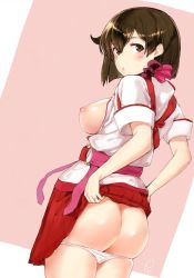 Rule 34 | 1girl, ass, blush, breasts, breasts out, brown eyes, brown hair, employee uniform, hair between eyes, hiryuu (kancolle), jewelry, kantai collection, large breasts, looking at viewer, looking back, nipples, peach (airline), pleated skirt, poco (backboa), red skirt, ring, short hair, short sleeves, skirt, solo, uniform, wedding band