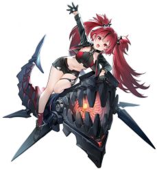 Rule 34 | 1girl, artist request, azur lane, black footwear, black gloves, boots, fang, gloves, hair ornament, looking at viewer, midriff, navel, official art, open mouth, red eyes, red hair, red legwear, short shorts, shorts, thigh strap, transparent background, twintails, u-1206 (azur lane)