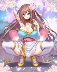 Rule 34 | 1girl, absurdres, arm up, armpits, bad id, bad pixiv id, blue eyes, blush, breasts, bridal gauntlets, brown hair, cherry blossoms, cleavage, closed mouth, flower, full body, hair flower, hair ornament, high heels, highres, japanese clothes, large breasts, long hair, looking at viewer, nez-box, obi, original, sash, smile, solo, spread legs, squatting, thighhighs, very long hair, wings