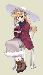 Rule 34 | 1girl, black shirt, blonde hair, blue eyes, boots, brown footwear, chair, cup, full body, fur trim, grey skirt, hat, highres, holding, holding cup, long hair, long sleeves, mizunami fossil museum, mizunami mio, plate, shirt, simple background, sitting, skirt, solo, takanashi ringo, tan background, twintails, white hat