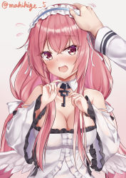 1girl absurdres artist_name azur_lane bare_shoulders breasts cleavage clothing_cutout dress feathered_wings gradient_background hair_between_eyes headpat highres makihige medium_breasts perseus_(azur_lane) pink_eyes pink_hair shoulder_cutout simple_background upper_body white_dress wide_sleeves wings