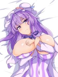 Rule 34 | 1girl, 3:, blue ribbon, blunt bangs, blush, breast press, breasts, bursting breasts, closed mouth, covered navel, deep skin, dress, hat, hat ribbon, highres, huge breasts, impossible clothes, impossible dress, long hair, looking at viewer, lying, mob cap, neck ribbon, on back, pajamas, patchouli knowledge, purple eyes, purple hair, purple ribbon, red ribbon, ribbon, solo, sprout (33510539), striped clothes, striped dress, touhou, vertical-striped clothes, vertical-striped dress, wavy mouth